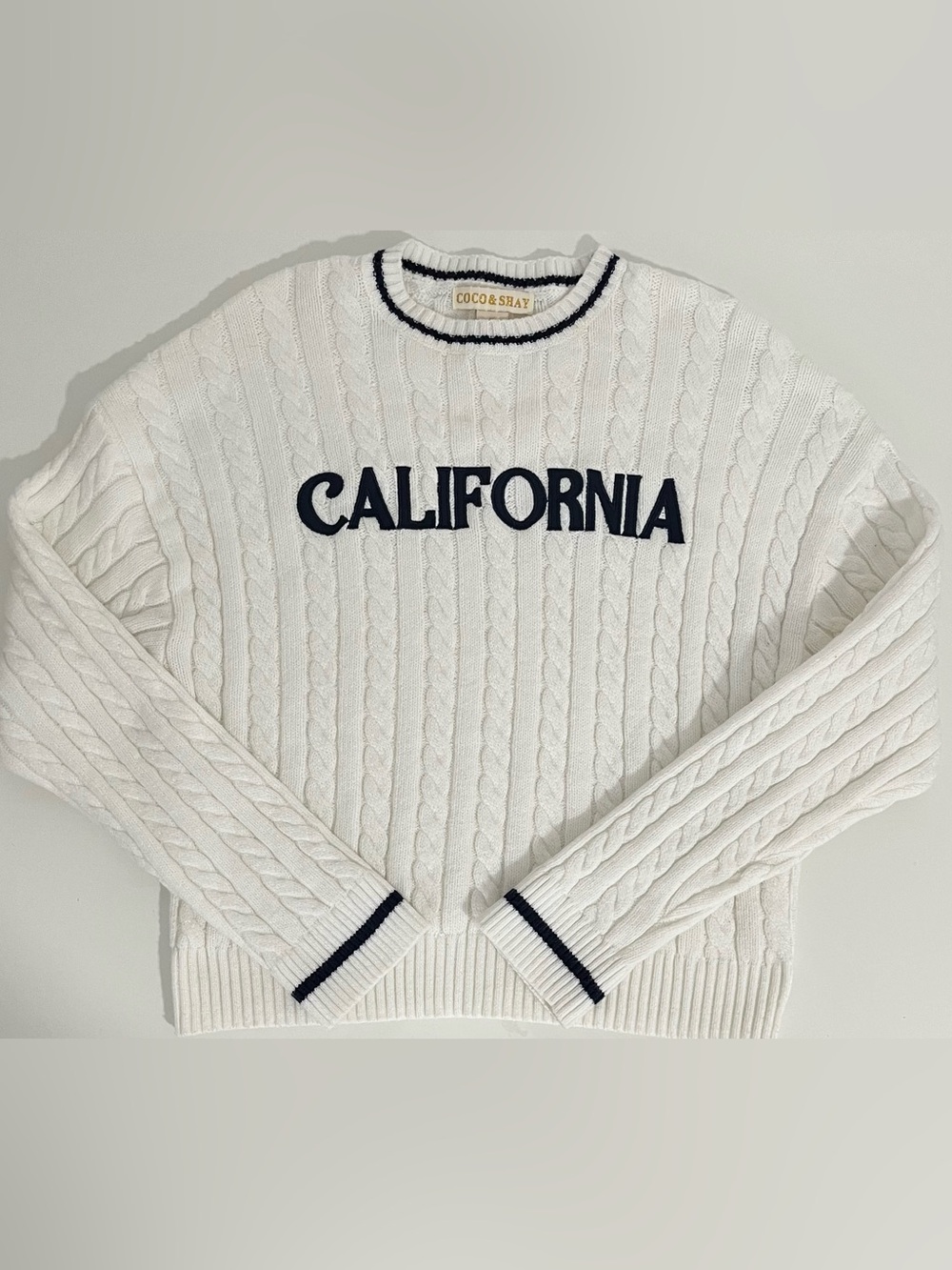 California Cable Knit Sweater XL Cream White Navy Blue PreppyCore Pullover - Picture 5 of 8